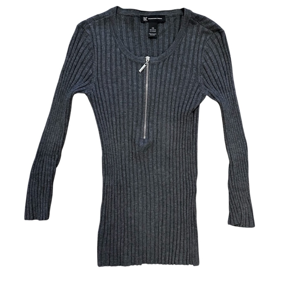 INC Y2K Gray Ribbed Knit Sweater Top with Silver Zipper 3/4 Sleeve